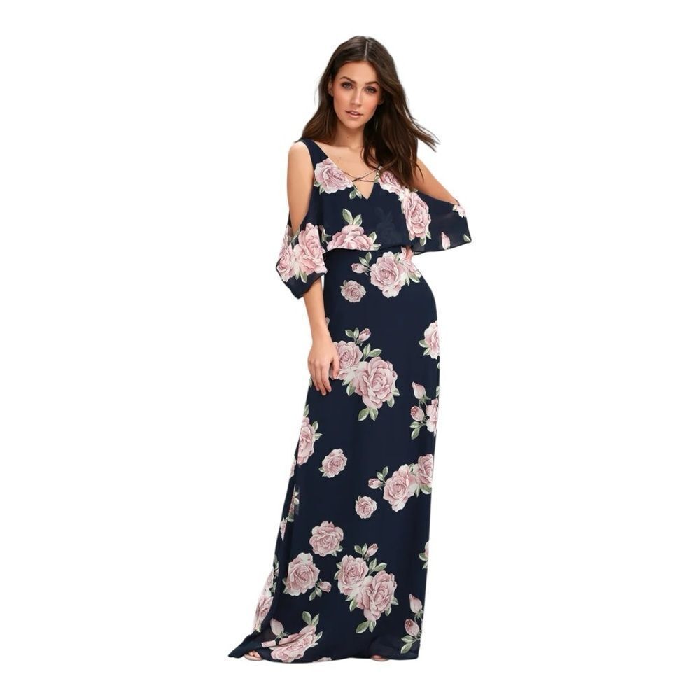 Lulus The Very Thought of You Feminine Navy Blue Floral Print Maxi Dress Medium‎